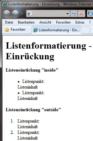 Beispiel für Listeneinrückungen in der Browseransicht